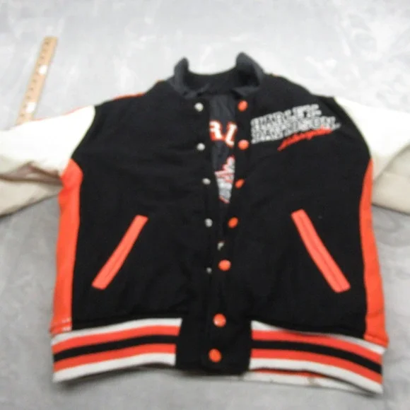 Harley Davidson‎ Jacket Youth Medium 12-14 Orange Wool Varsity Reversible READ